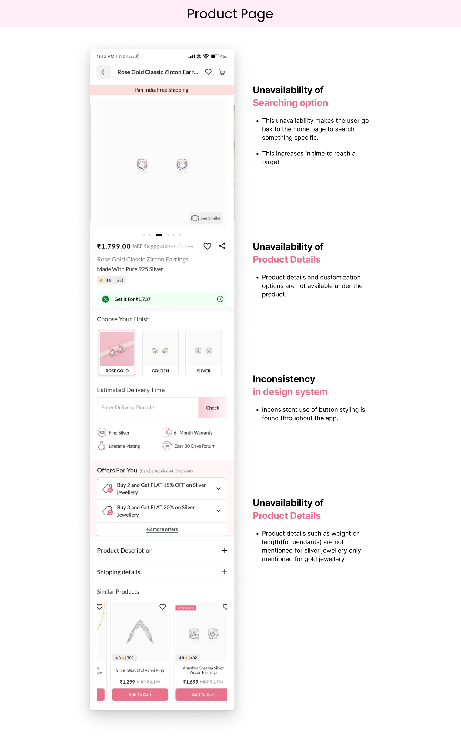 Analysis of GIVA Product Page Screen highlighting lack of search, missing specs, and inconsistent styles