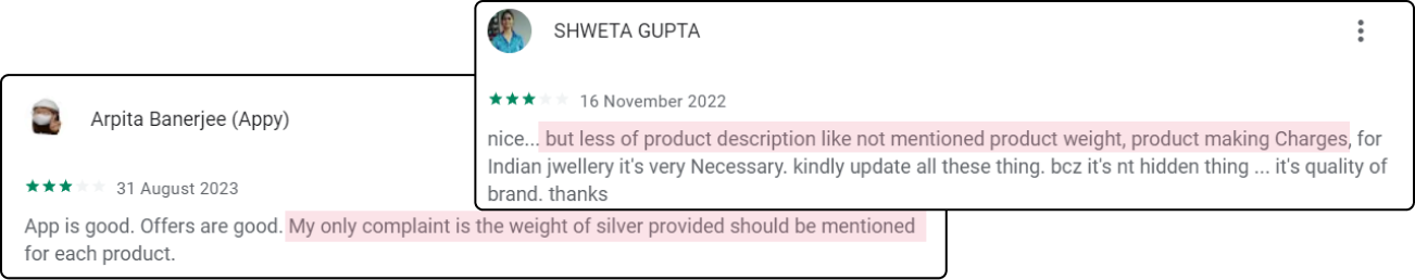 Customer reviews by Arpita Banerjee and Shweta Gupta highlighting lack of product weight and making charges information
