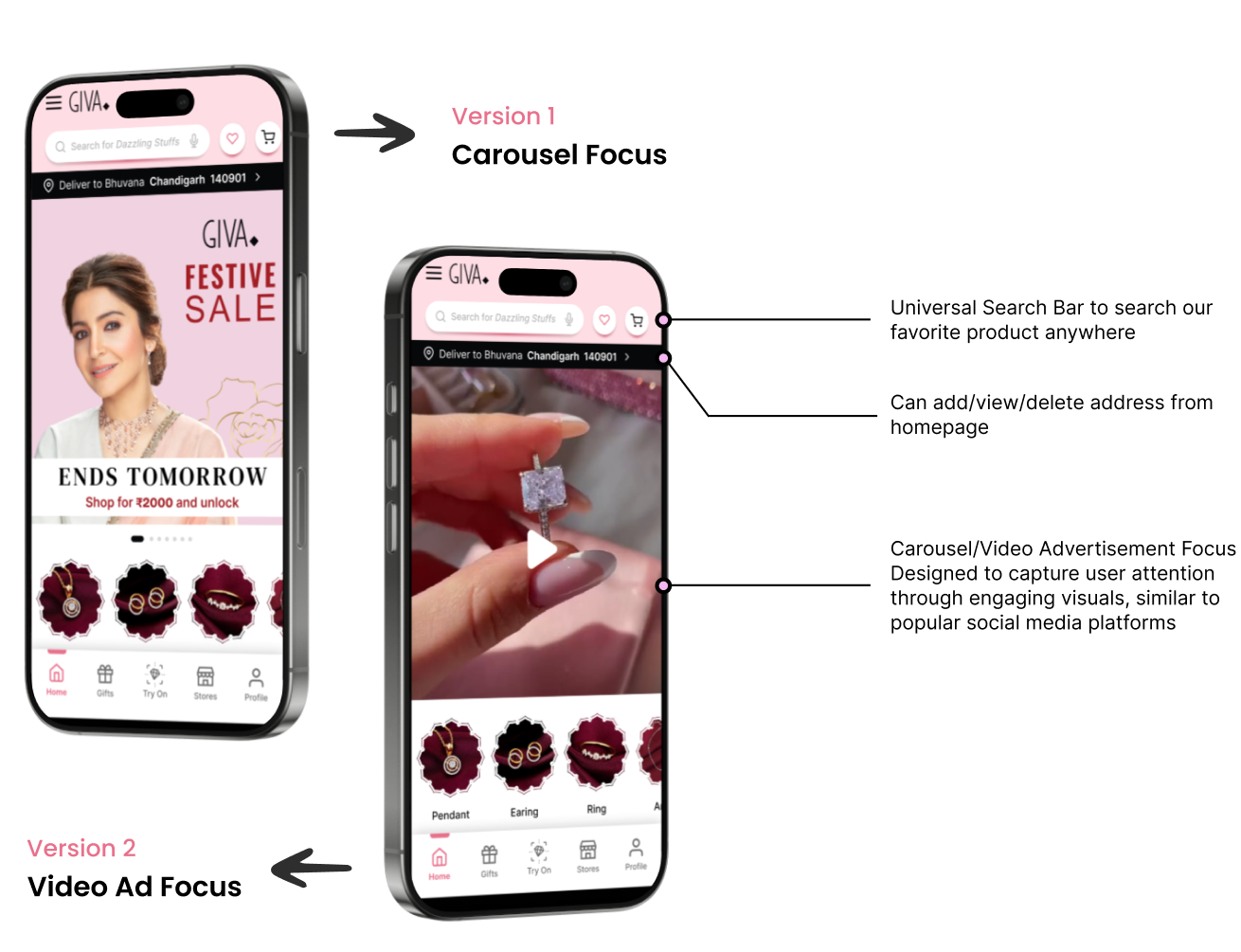 High-fidelity Home Page designs: Version 1 Carousel Focus and Version 2 Video Ad Focus with feature callouts