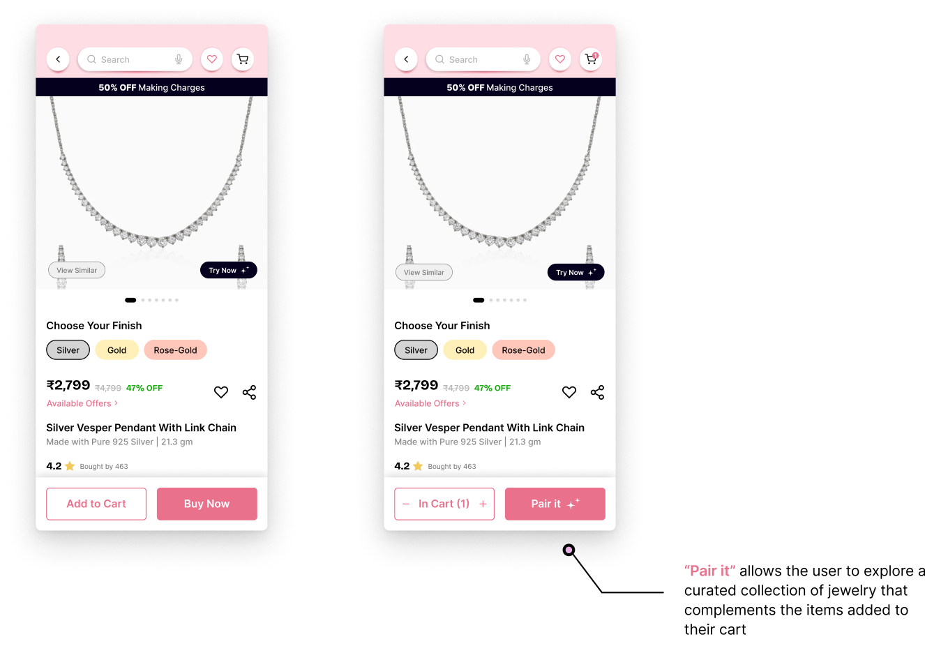 Product page user flow showing the Pair It feature which allows users to explore curated complementary jewelry