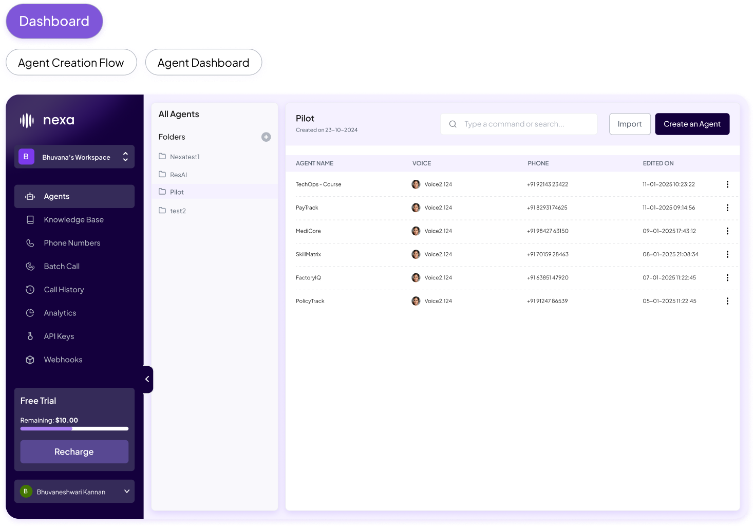 Nexa Agent Dashboard with live status metrics