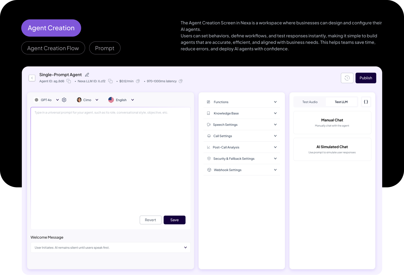 Nexa Agent Creation Screen with universal prompt editor and side-by-side LLM testing
