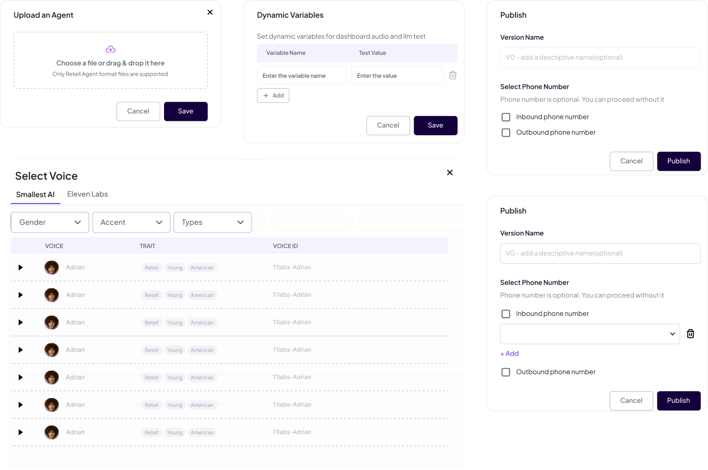 Voice selection modal and dynamic variables configuration