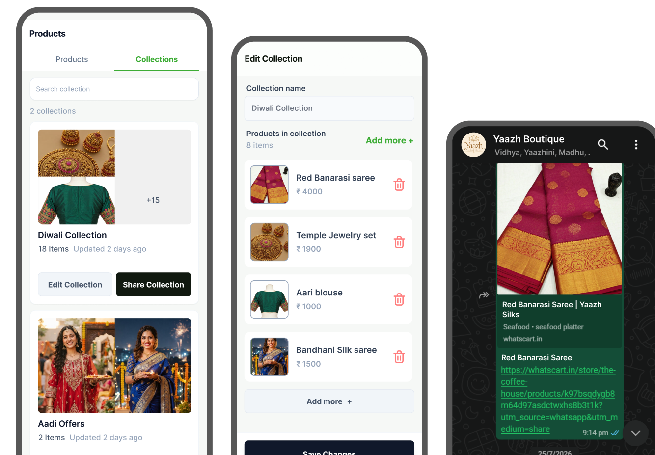 Catalog experience mobile mockups and WhatsApp preview